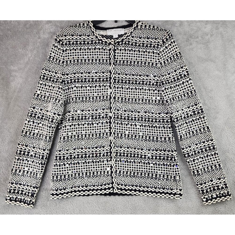 St John Evening Jacket Womens Small Black White Sequin Rhinestone Buttons USA